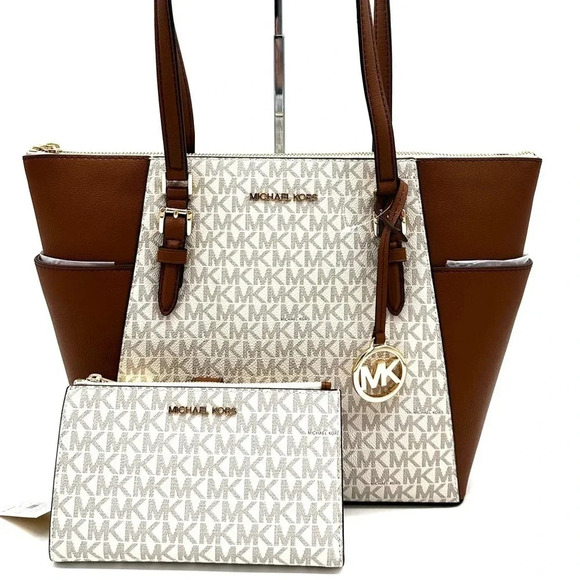 Michael Kors Large Charlotte Tote Bag & Large Double Zip Wallet Vanilla/Brown - Picture 1 of 13